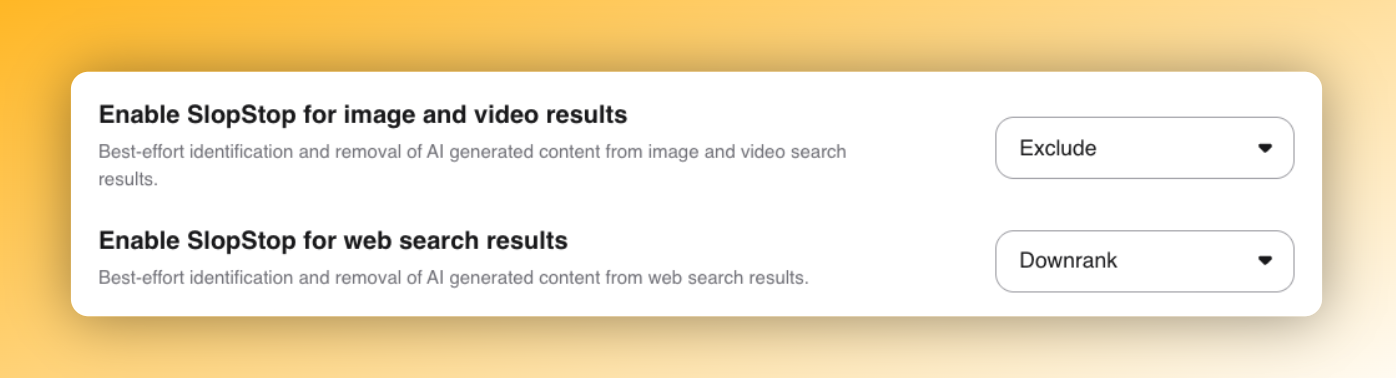 Settings panel with two SlopStop options for filtering AI-generated content: Exclude selected for image and video results, and Downrank selected for web search results.