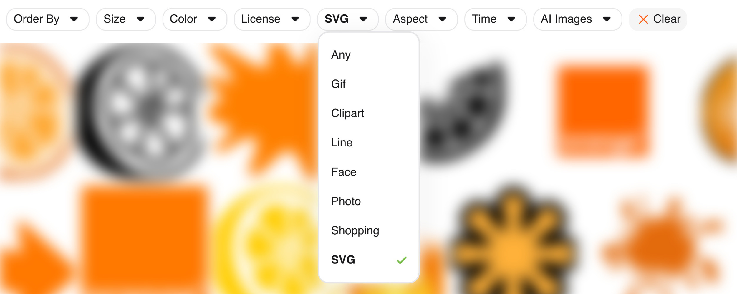 Image search filter dropdown with SVG selected from a list of options including Any, Gif, Clipart, Line, Face, Photo, Shopping, and SVG.