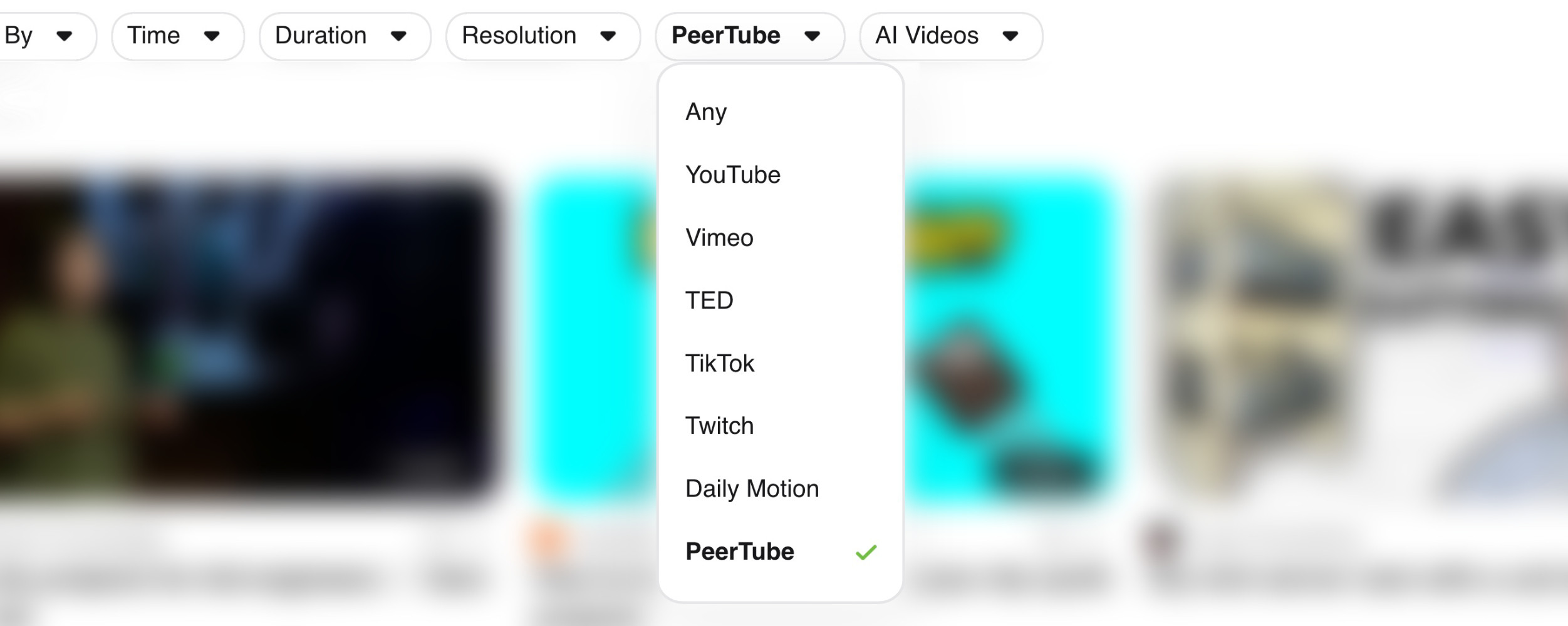 Video search Source filter dropdown with PeerTube selected, listing options: Any, YouTube, Vimeo, TED, TikTok, Twitch, Daily Motion, and PeerTube
