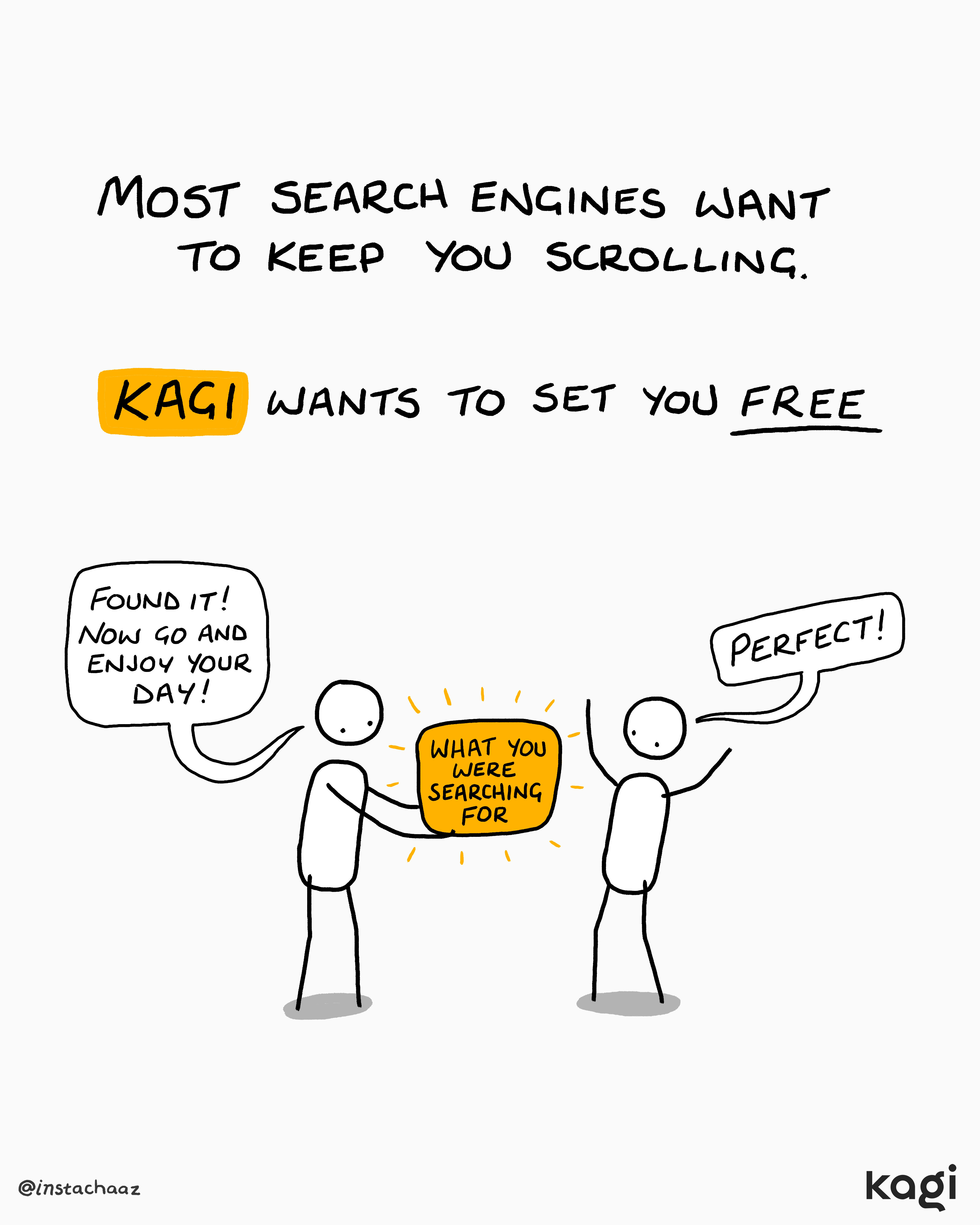 Cartoon illustration with the text "Most search engines want to keep you
scrolling. Kagi wants to set you free." Below, two stick figures exchange a
glowing box labeled "what you were searching for"—one says "Found it! Now go
and enjoy your day!" and the other replies
"Perfect!"
