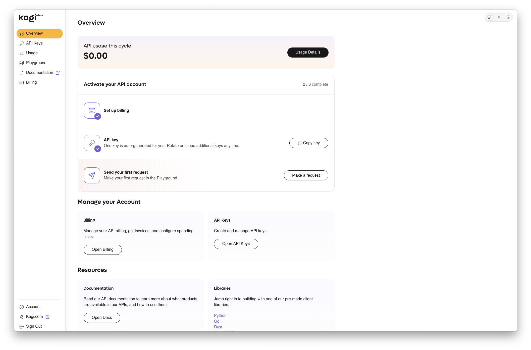 Kagi API developer dashboard Overview
page