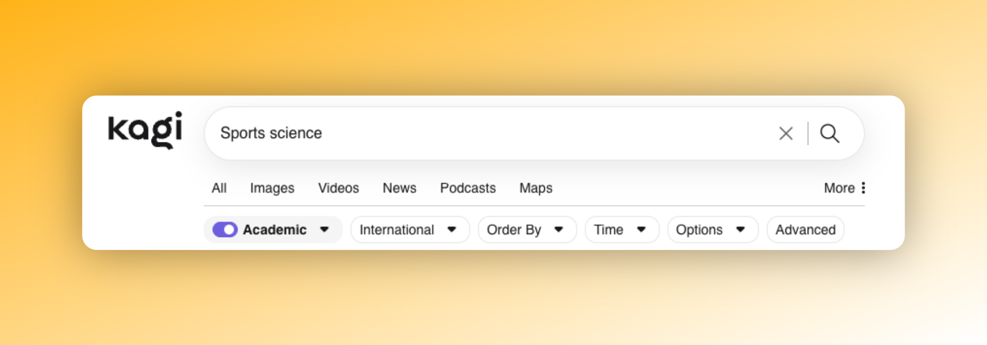 Kagi search field and options with the Academic Lens toggled on