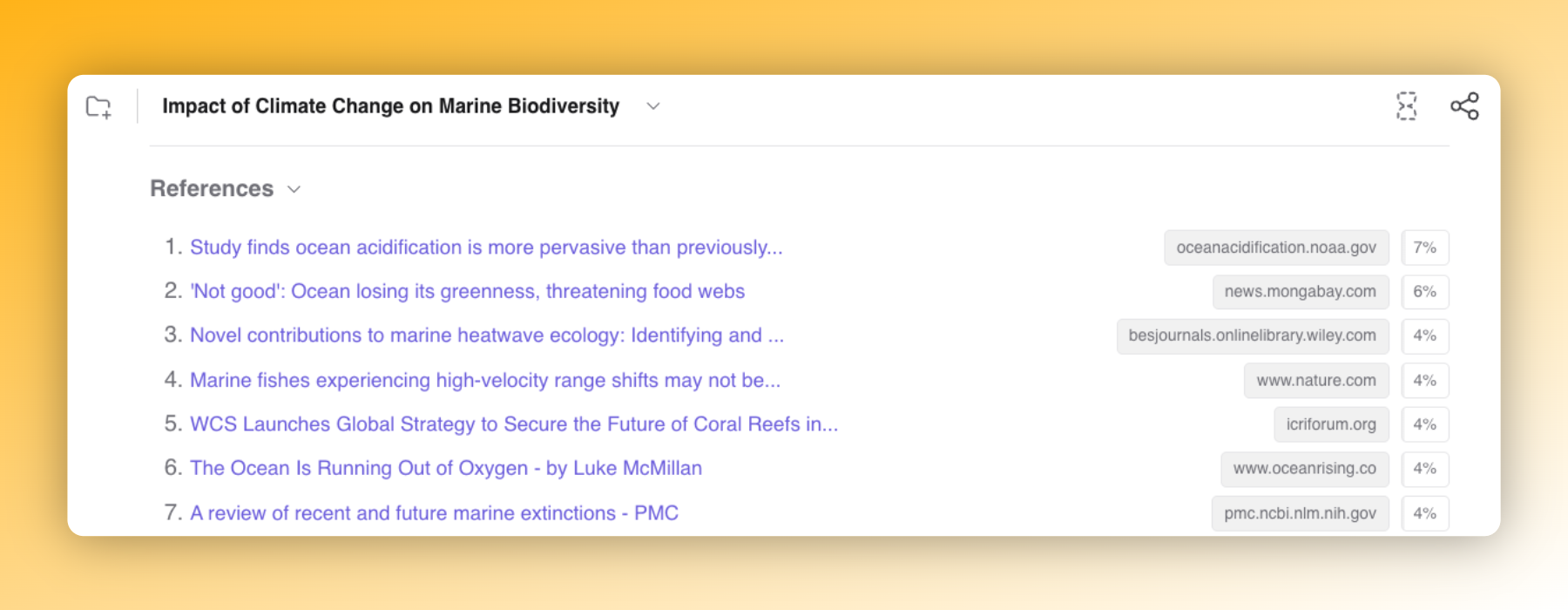 References list for "Impact of Climate Change on Marine Biodiversity" showing seven cited sources with their domains and contribution percentages.