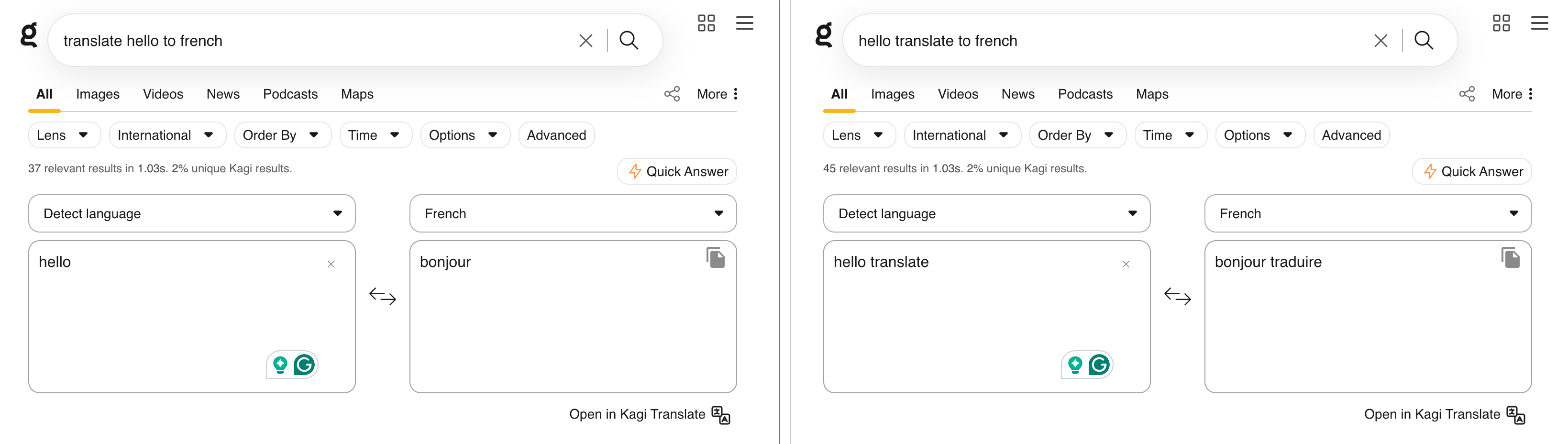 1.png Split view comparing 'translate hello to french' and 'hello translate to french' results