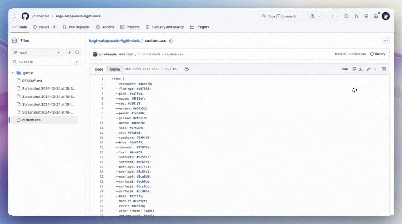 Demonstration of using and enabling a custom CSS from an existing theme via Kagi's settings