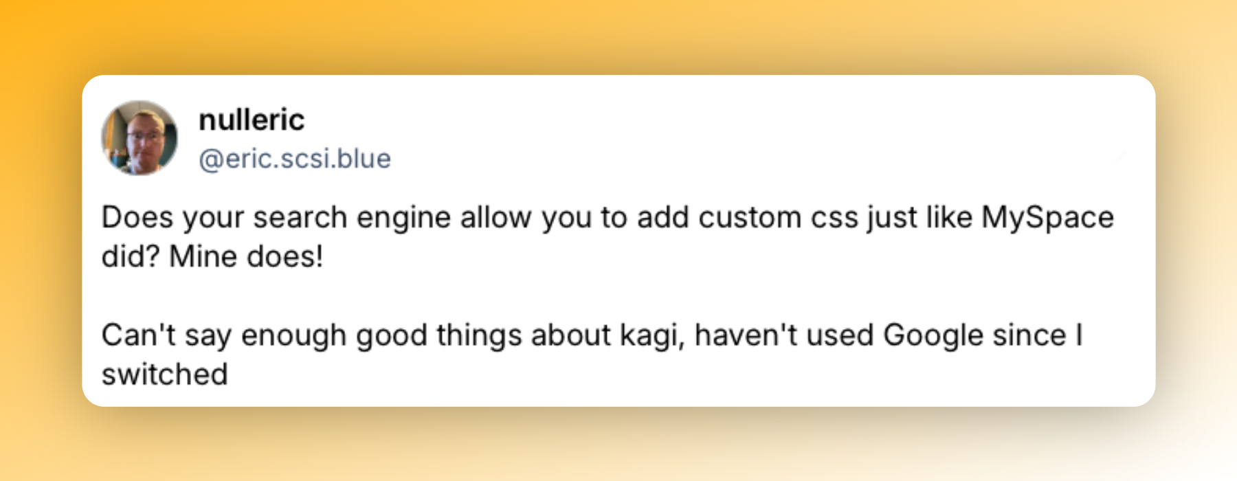 Post by nulleric on Bluesky praising Kagi for letting users add custom CSS like MySpace did, saying they haven't used Google since switching.