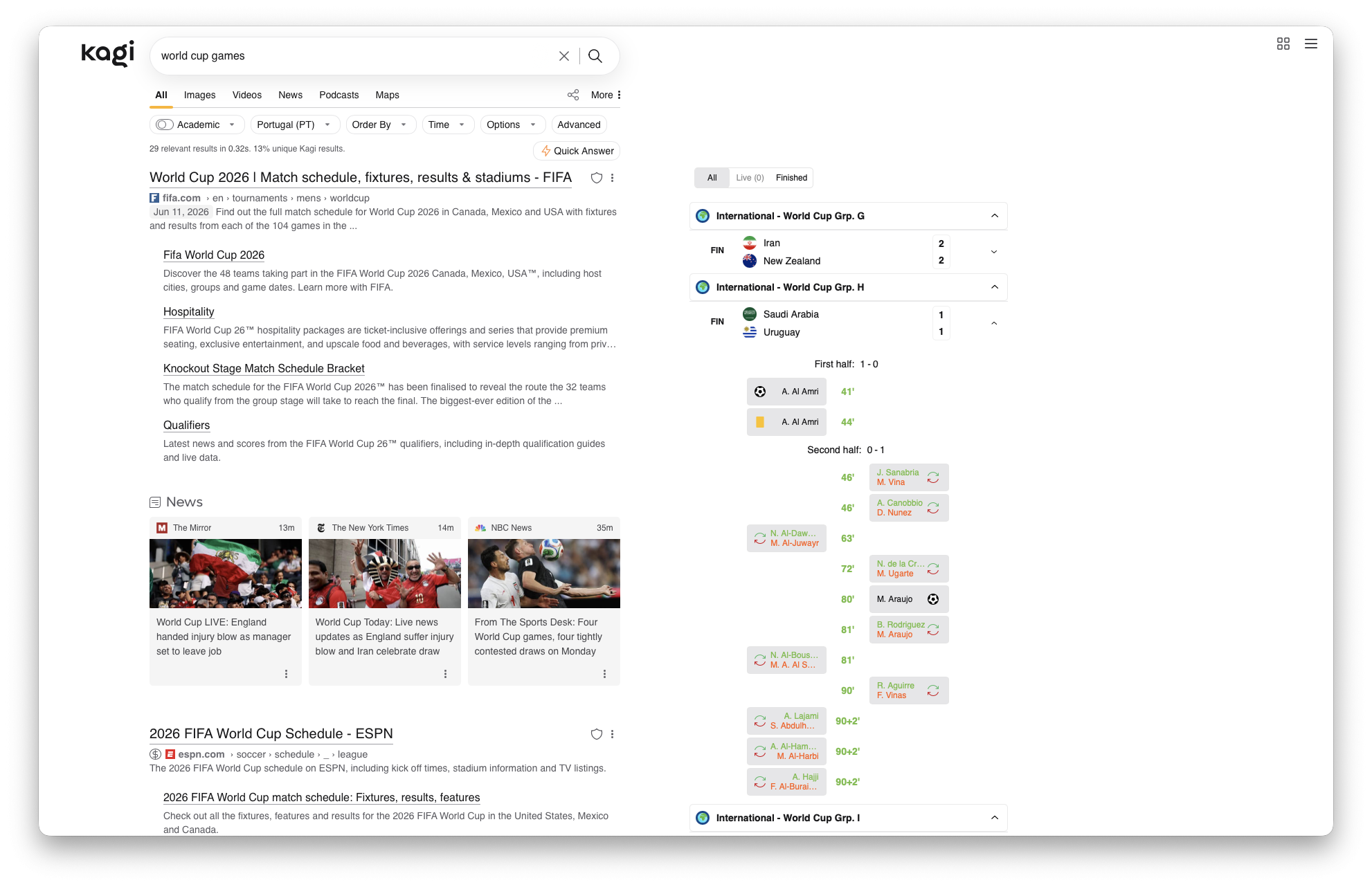 image.png A screenshot of a Kagi search results page for `world cup games` displaying FIFA World Cup 2026 scheduling information and a side panel showing live and finished match results for various international groups.
