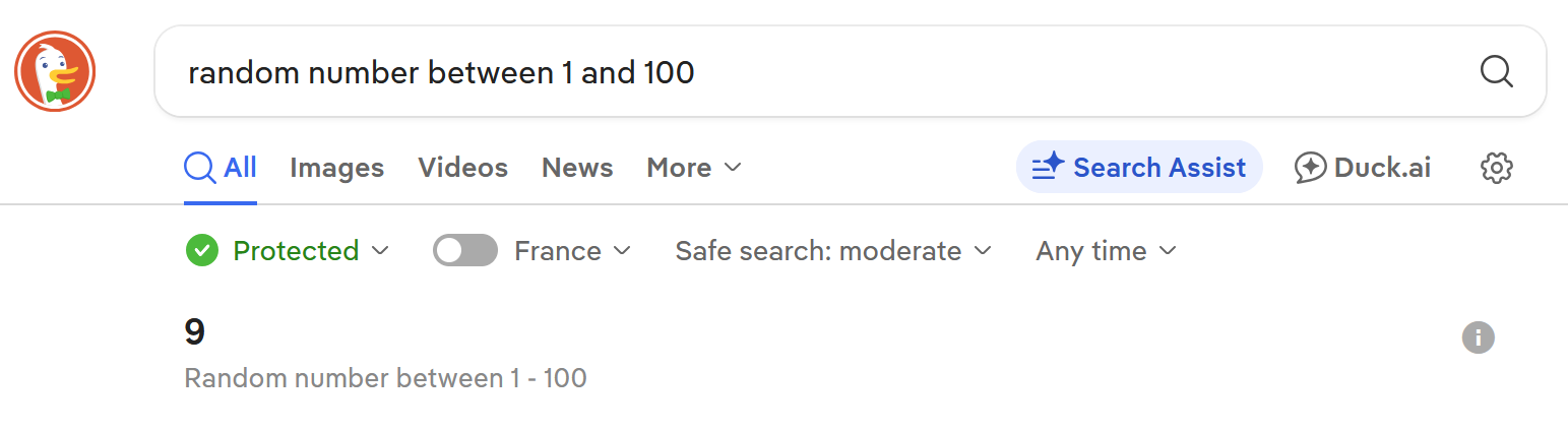 image.png {Screenshot capturing a search on DuckDuckGo for "random number between 1 and 100" with the result 9 given}