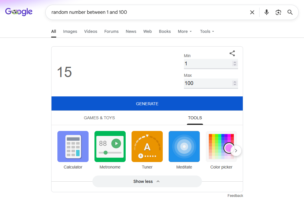 image.png {Screenshot capturing a search on Google for "random number between 1 and 100" with the result 15 given}