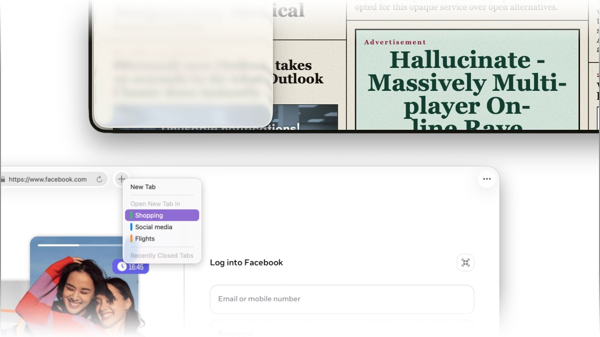 Browser window showing the Facebook login page with a container menu open
offering options to open a new tab in different containers such as Shopping,
Social media, or
Flights.