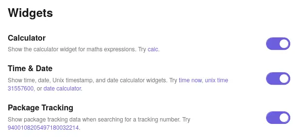 Settings page titled 'Widgets' listing three enabled toggle options:
Calculator, Time & Date, and Package
Tracking.