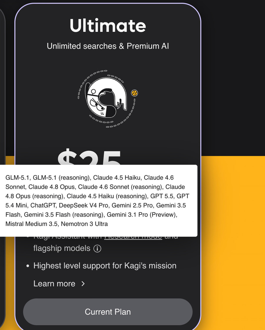 ultimate.jpg Kagi pricing page displaying the Ultimate plan and its supported AI models