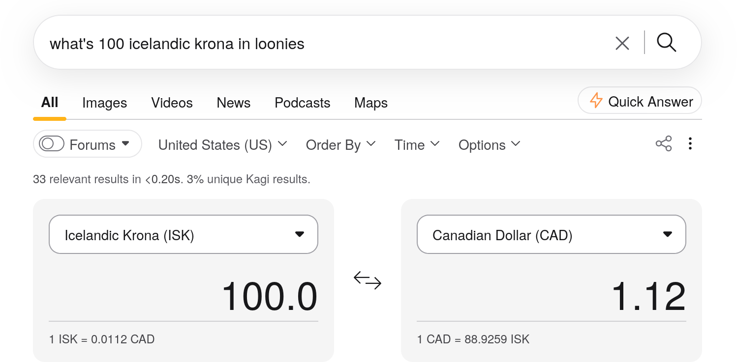 Kagi search results page for the query displaying an inline currency converter showing 100 ISK equals 1.12 Canadian dollars.