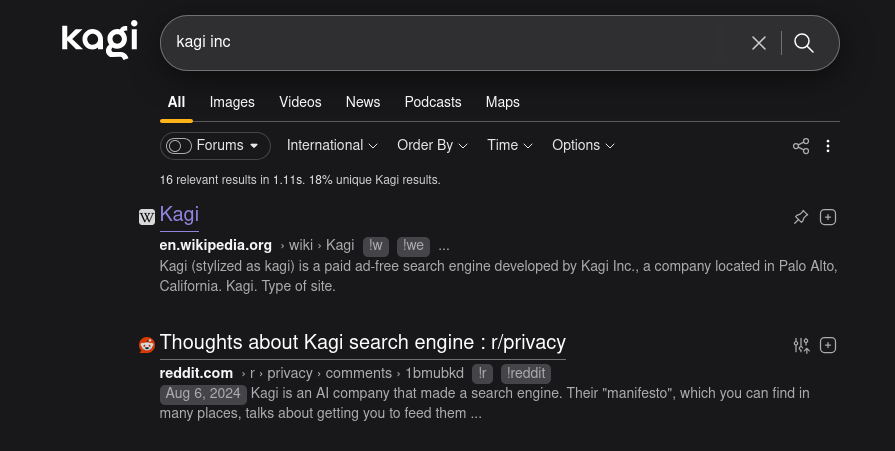 image.png {Search results from Wikipedia and Reddit for the search term "kagi inc", displaying little badges with bangs after the url present in the result.}